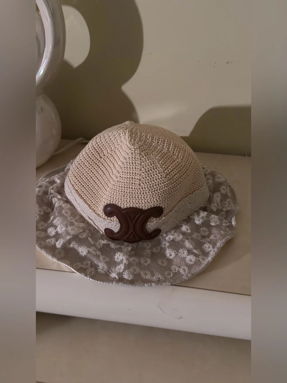 Beige Floral Lace Sun Hat with Brown Accent